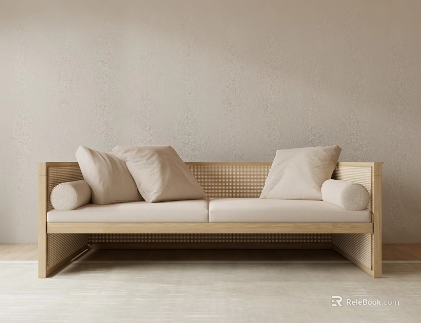 Two Seater Sofa With Woven Rattan Frame And Soft Beige Cushions In Modern Minimalist Interior 3d model 