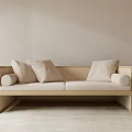 Two Seater Sofa With Woven Rattan Frame And Soft Beige Cushions In Modern Minimalist Interior