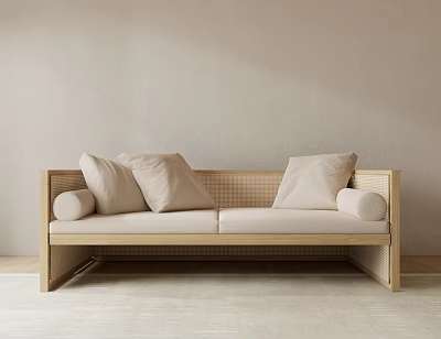 Two Seater Sofa With Woven Rattan Frame And Soft Beige Cushions In Modern Minimalist Interior 3d model