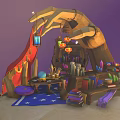Whimsical Cartoon Scene Inside Snow Globe With Hand Shaped Workshop Magic Items And Stars