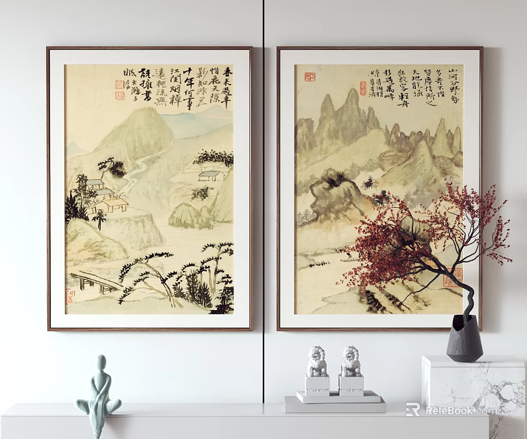 Traditional Chinese Landscape Paintings With Calligraphy And Decorative Statues Vase Plant 3d model 