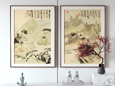 Traditional Chinese Landscape Paintings With Calligraphy And Decorative Statues Vase Plant 3d model