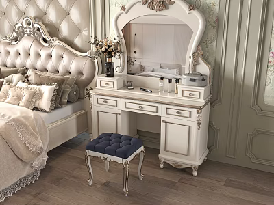 Ornate White Dressing Table in Classic Bedroom with Mirror Vase and Blue Cushioned Stool 3d model
