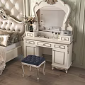 Ornate White Dressing Table in Classic Bedroom with Mirror Vase and Blue Cushioned Stool