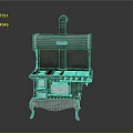 Vintage Style Green Stove Featuring Metal Parts Knobs And Decorative Stand