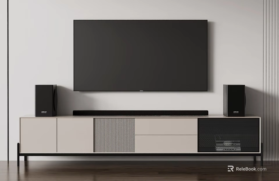 Modern TV Stand with Flat Screen TV Black Speakers and Storage Cabinets 3d model 