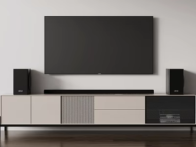 Modern TV Stand with Flat Screen TV Black Speakers and Storage Cabinets 3d model