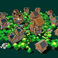 Pixel Style Park Landscape With Wooden Houses Green Trees And Grass