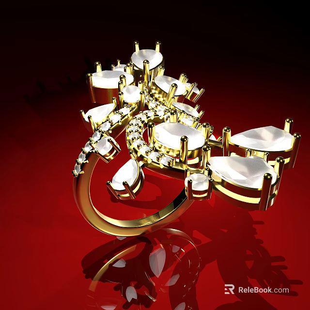 Statement Gold Ring Featuring Multiple White Gemstones And Intricate Design 3d model 