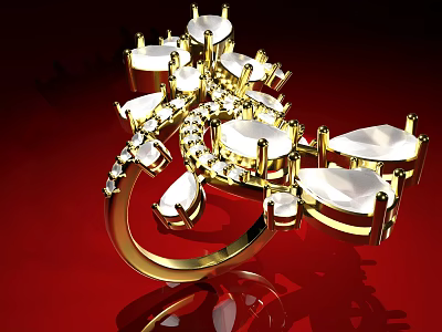 Statement Gold Ring Featuring Multiple White Gemstones And Intricate Design 3d model