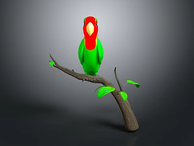 Green parrot with red head perched on branch with green leaves against gray background 3d model