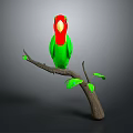 Green parrot with red head perched on branch with green leaves against gray background