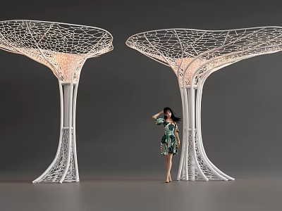 Modern White Tree Shaped Pergola Design With Mesh Canopy Lighted Structure And Woman Standing 3d model
