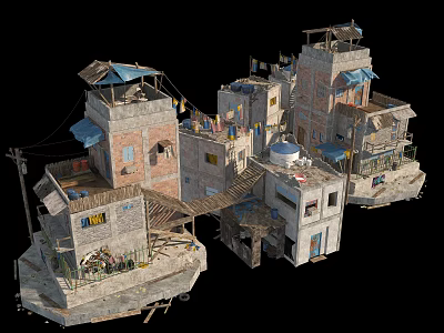 Shabby Connected Buildings With Brick Tin Roof And Makeshift Slum Style Structures 3d model