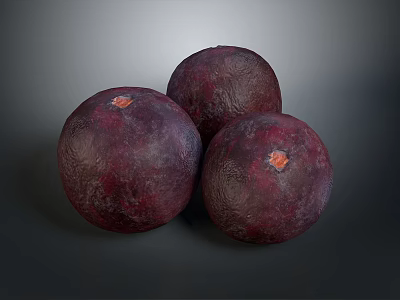 Three Dark Red Round Textured Fruits With Orange Tops On Dark Background 3d model