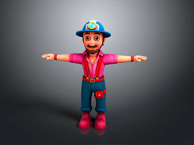 Cartoon Worker 3D Model With Blue Hat Pink Shirt Red Suspenders And Tool Belt 3d model