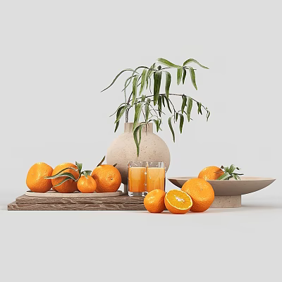Fresh Whole Oranges With Sliced Half And Orange Juice On Wooden Tray With Green Leaves 3d model