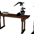 Traditional Wooden Console Table with Small Figurines Books Scrolls Potted Plant and Floor Lamps