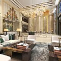 Luxurious Hotel Lobby With Grand Chandelier Tall Columns Intricate Marble Floor And Elegant Mural