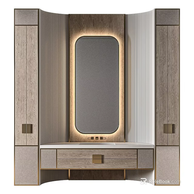 Sleek Modern Bathroom Vanity Design With Lighted Mirror Wooden Cabinets And Marble Countertop 3d model 