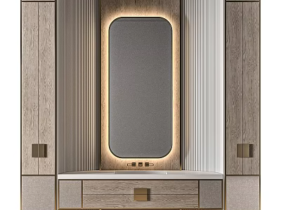 Sleek Modern Bathroom Vanity Design With Lighted Mirror Wooden Cabinets And Marble Countertop 3d model