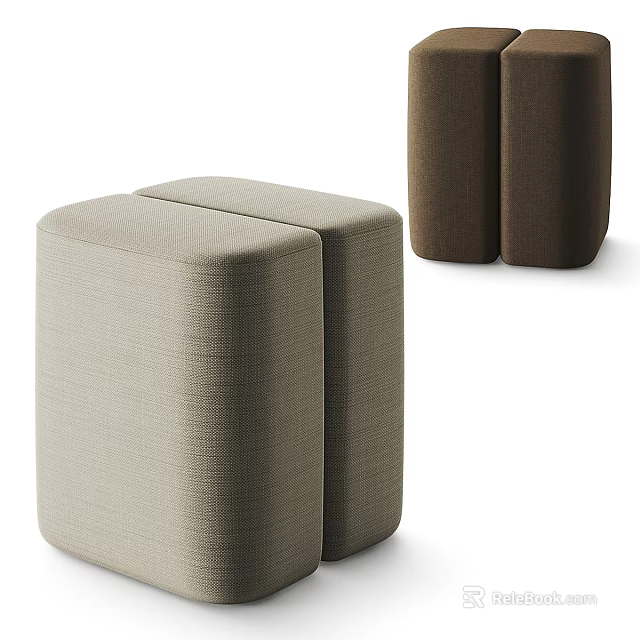 Modern Pair of Upholstered Stools in Beige and Brown Fabric Design 3d model 