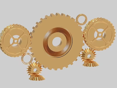 Golden Industrial Equipment Mechanical Gears With Large Small Gears And Circular Rings 3d model