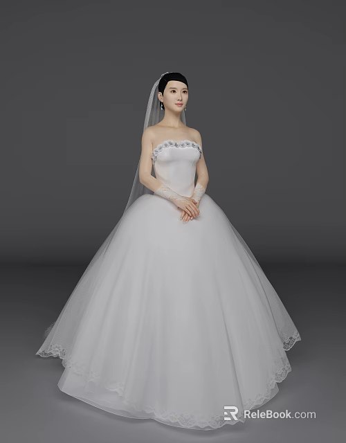 Beautiful Woman In White Strapless Wedding Dress With Veil And Lace Details 3d model 