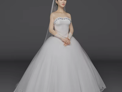 Beautiful Woman In White Strapless Wedding Dress With Veil And Lace Details 3d model