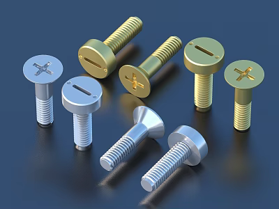 Various Types Of Metal Screws With Silver Gold Colors And Different Head Designs 3d model