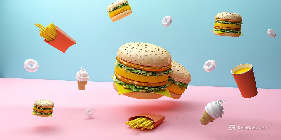 Delicious Floating Hamburgers With Fries Ice Cream And Donuts On Colorful Background 3d model 