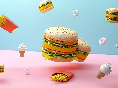 Delicious Floating Hamburgers With Fries Ice Cream And Donuts On Colorful Background 3d model