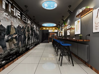 Modern Milk Tea Shop Interior With Movie Posters Bar Counter And Blue Stools 3d model
