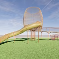 Octopus Shaped Playground Equipment With Net Structure And Curved Slide On Green Grassy Area