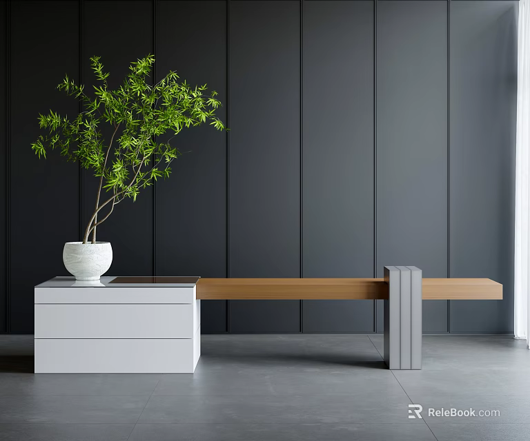 Wooden Top Bench With Grey Legs Near White Cabinet And Green Plant Against Black Wall 3d model 