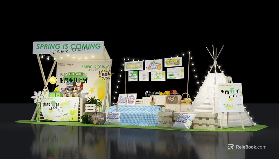 Spring Themed Booth With Teepee Tent String Lights And Decorative Signs 3d model 