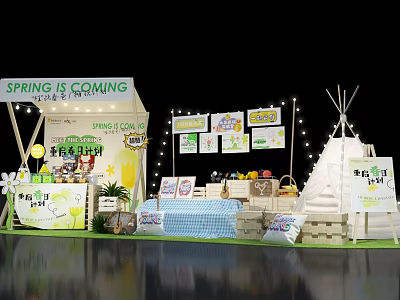 Spring Themed Booth With Teepee Tent String Lights And Decorative Signs 3d model