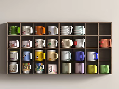 Modern Grid Design Sideboard with Shelves Holding Colorful Mugs and Cups 3d model