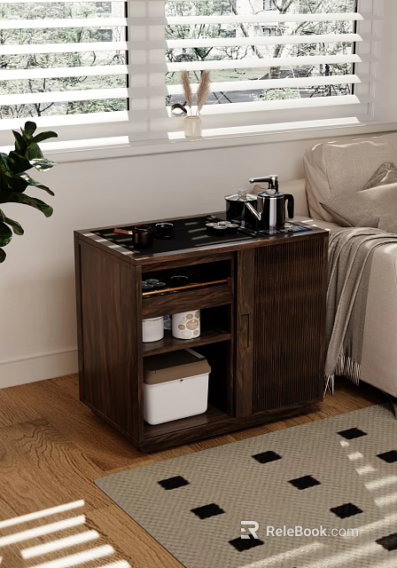 Wooden Side Table With Storage Shelves Teapot And Cups Near Sofa In Living Room 3d model 