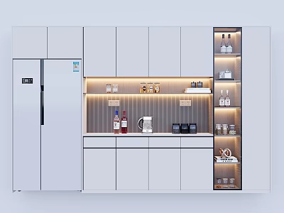 Modern Wine Cabinet Design With White Cabinets LED Lighting And Wine Bottles Glasses 3d model