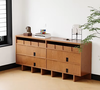 Wooden Entryway Cabinet Sideboard With Decor Books And Lamp In Modern Home 3d model