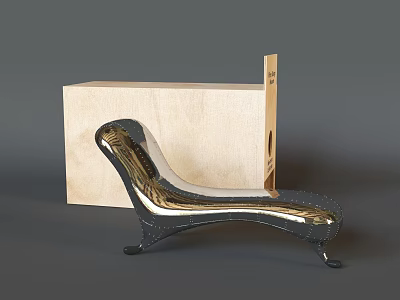 Modern Shiny Metallic Lounge Chair With Curved Design And Light Wooden Box 3d model