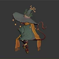 3D Model Female Witch With Red Hair Green Clothing And Decorative Hat In Sitting Pose