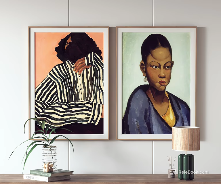 Modern Portrait Paintings Two Figures in Striped Shirt Orange Background and Blue Top with Earrings 3d model 