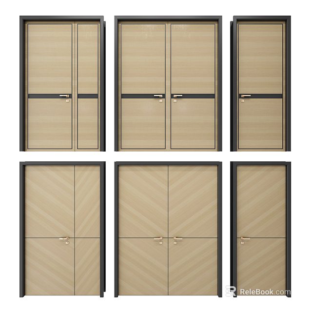 Modern Wooden Double Doors With Black Frames And Various Wood Grain Styles 3d model 