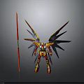 Vibrant Detailed Mecha Figurine With Spiked Mechanical Wings And Red Spear
