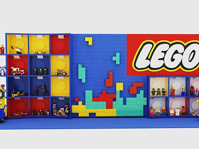 LEGO Building Blocks Display With Blue Wall Colorful Decorations And Model Shelves 3d model