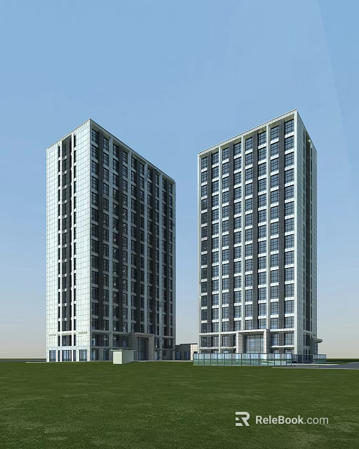 Modern Twin High Rise Office Building With Glass Facade And Blue Sky Exterior 3d model 