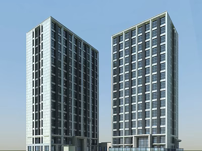Modern Twin High Rise Office Building With Glass Facade And Blue Sky Exterior 3d model