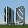 Modern Twin High Rise Office Building With Glass Facade And Blue Sky Exterior